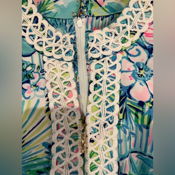 Lilly Pulitzer shift dress short sleeve blue and pink floral with cording - Picture 5 of 12